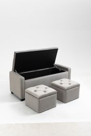 Set of 3 47.5" Wide Upholstered Storage Ottoman with Tufted Top and Solid Wood Legs Gray