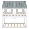 Twin over Twin Size Low Bunk Beds with Roof and Fence-shaped Guardrail, White