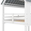 Twin over Twin Size Low Bunk Beds with Roof and Fence-shaped Guardrail, White