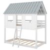 Twin over Twin Size Low Bunk Beds with Roof and Fence-shaped Guardrail, White