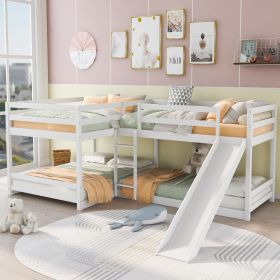 Full and Twin Size L-Shaped Bunk Bed with Slide and Short Ladde (Color: White)